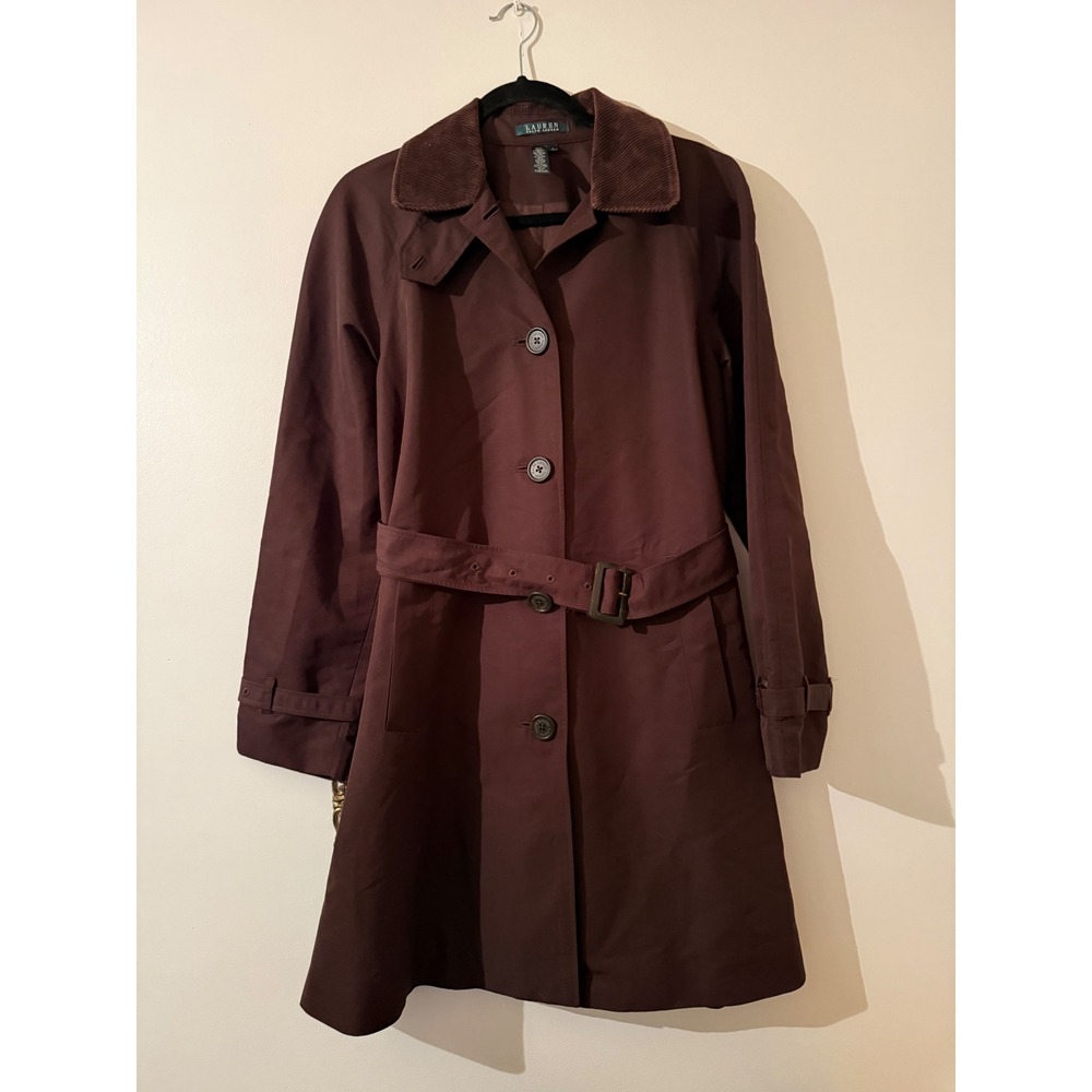 Lauren Ralph Lauren Brown Trench Coat Corduroy Collar Belted Womens Large